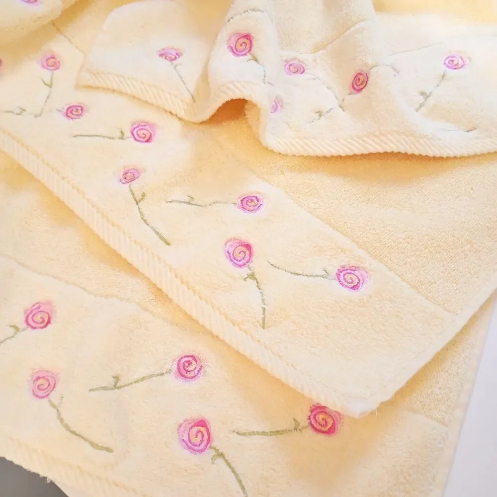 Vintage Turkish Cotton Towels Yellow Pink Embroidered Roses 2 Bath 1 Hand EUC
